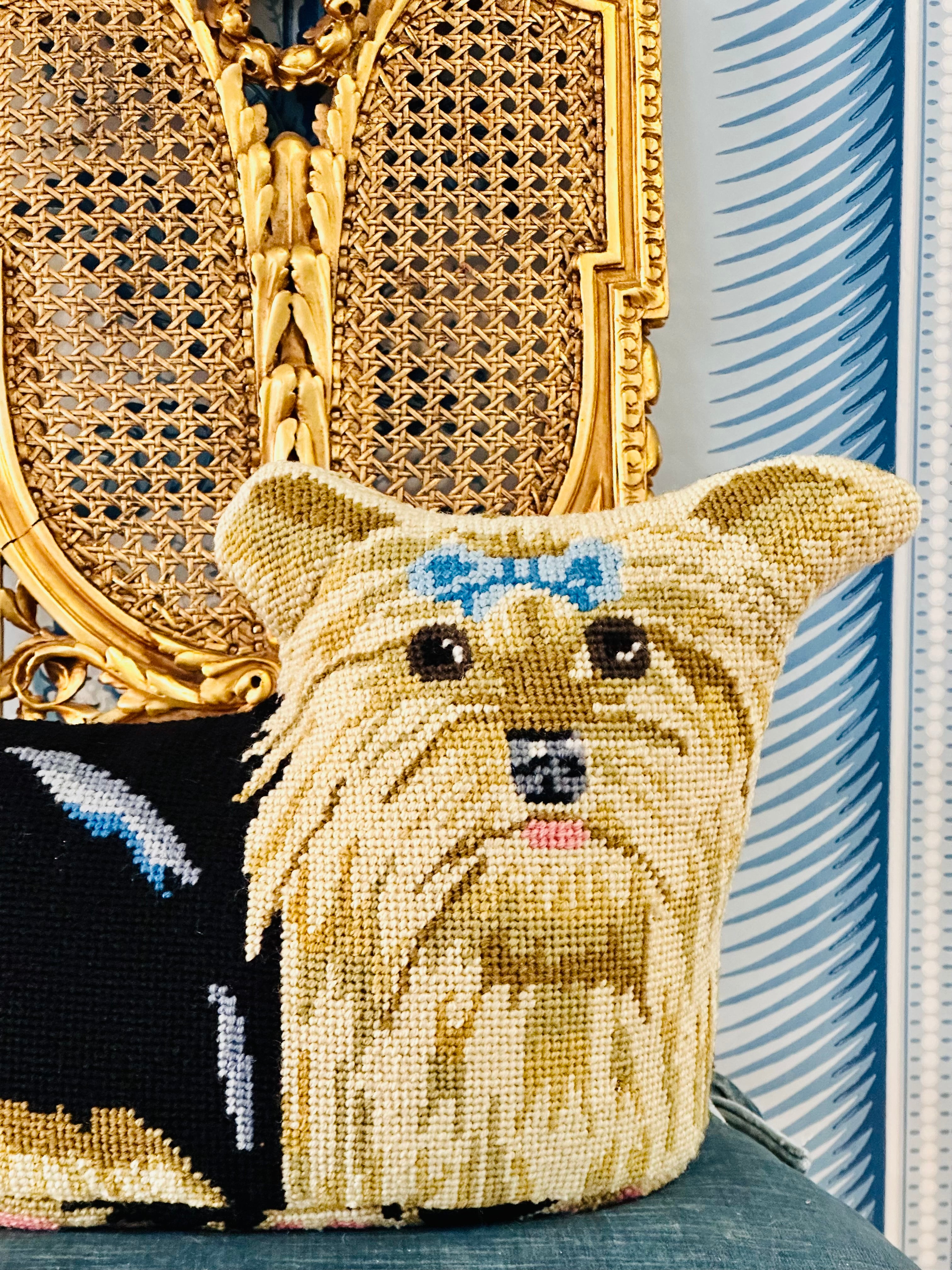 Darling Needlepoint Yorkie with Blue Bow