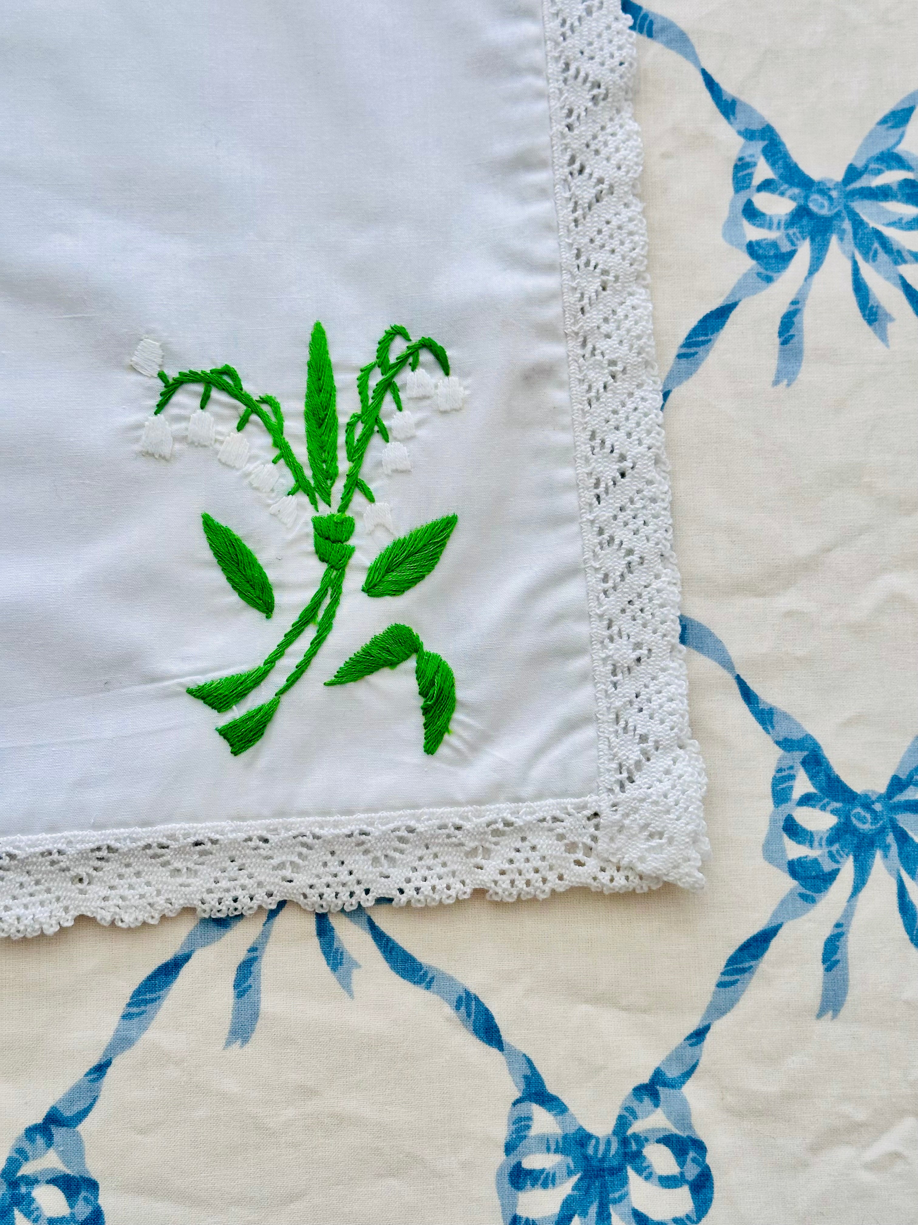 Beautiful Hand Embroidered Lilly of the Valley with Blue Bow Placemats