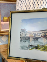 Load image into Gallery viewer, Colored Lithograph by Renato Cappelli of Ponte Vecchio in Faux Bamboo Frame
