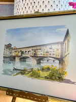 Load image into Gallery viewer, Colored Lithograph by Renato Cappelli of Ponte Vecchio in Faux Bamboo Frame
