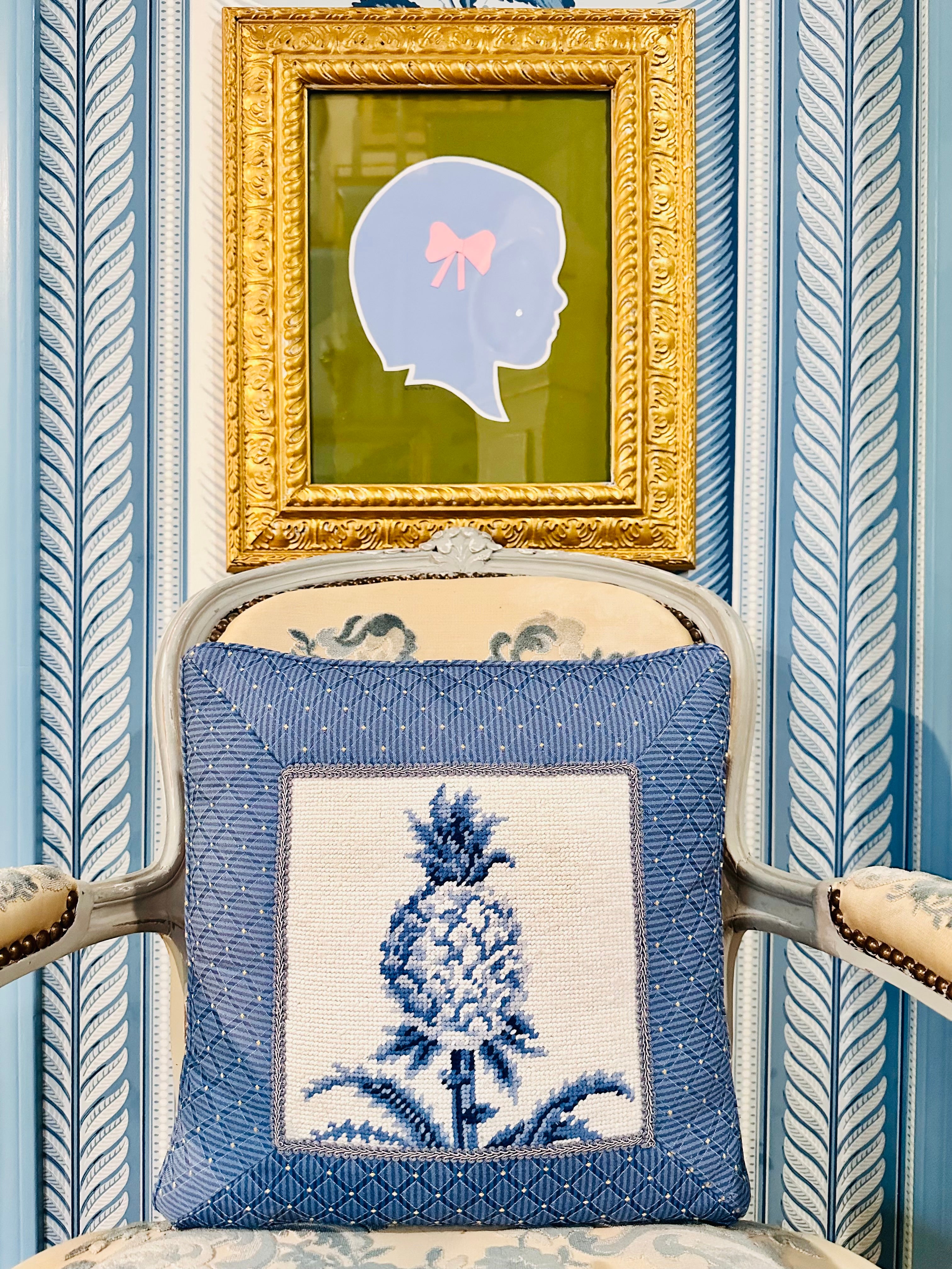 Blue Needlepoint Pineapple Pillow