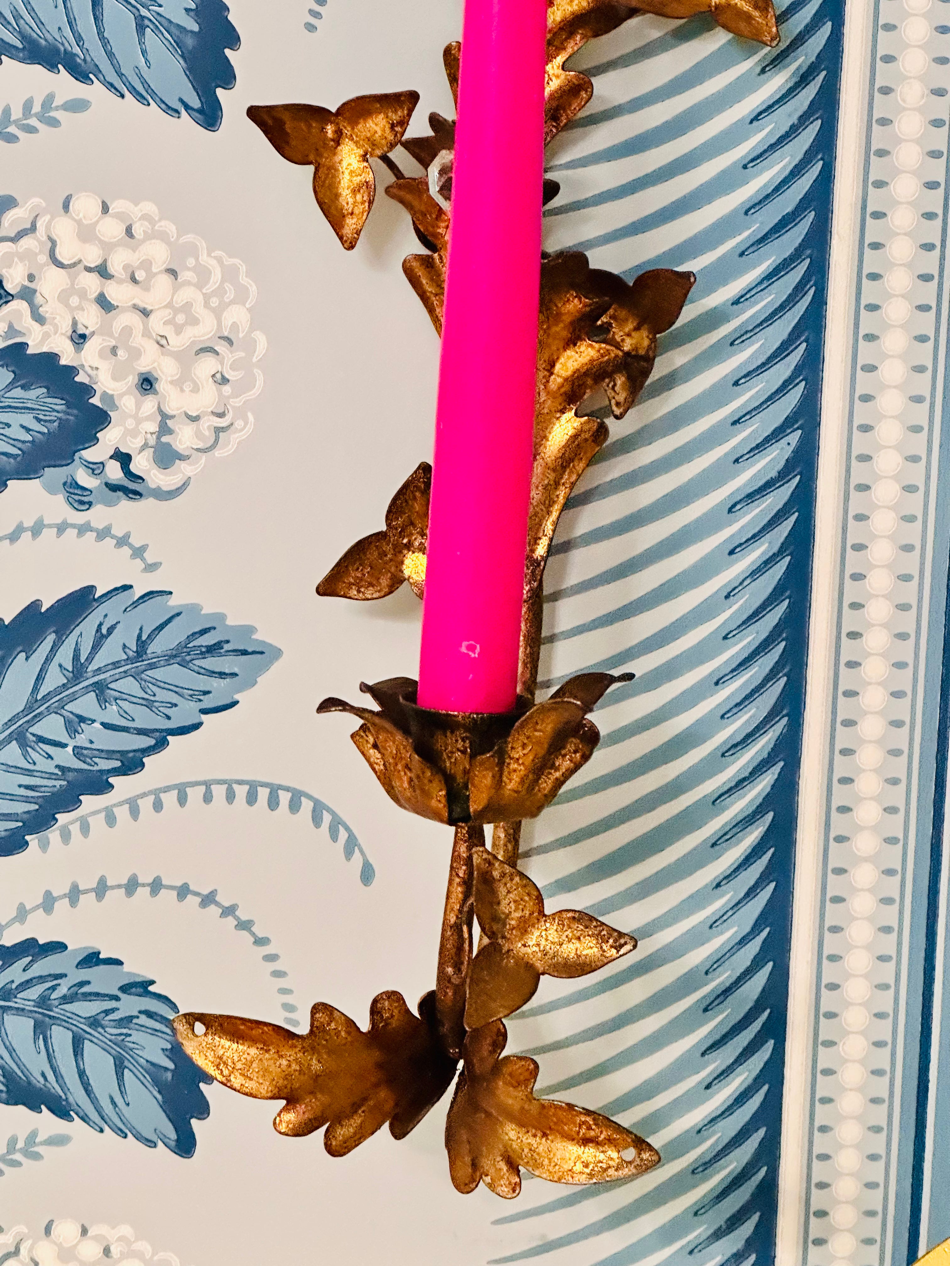 Vintage Gilded Italian Tole Candle Sconce with Crystals