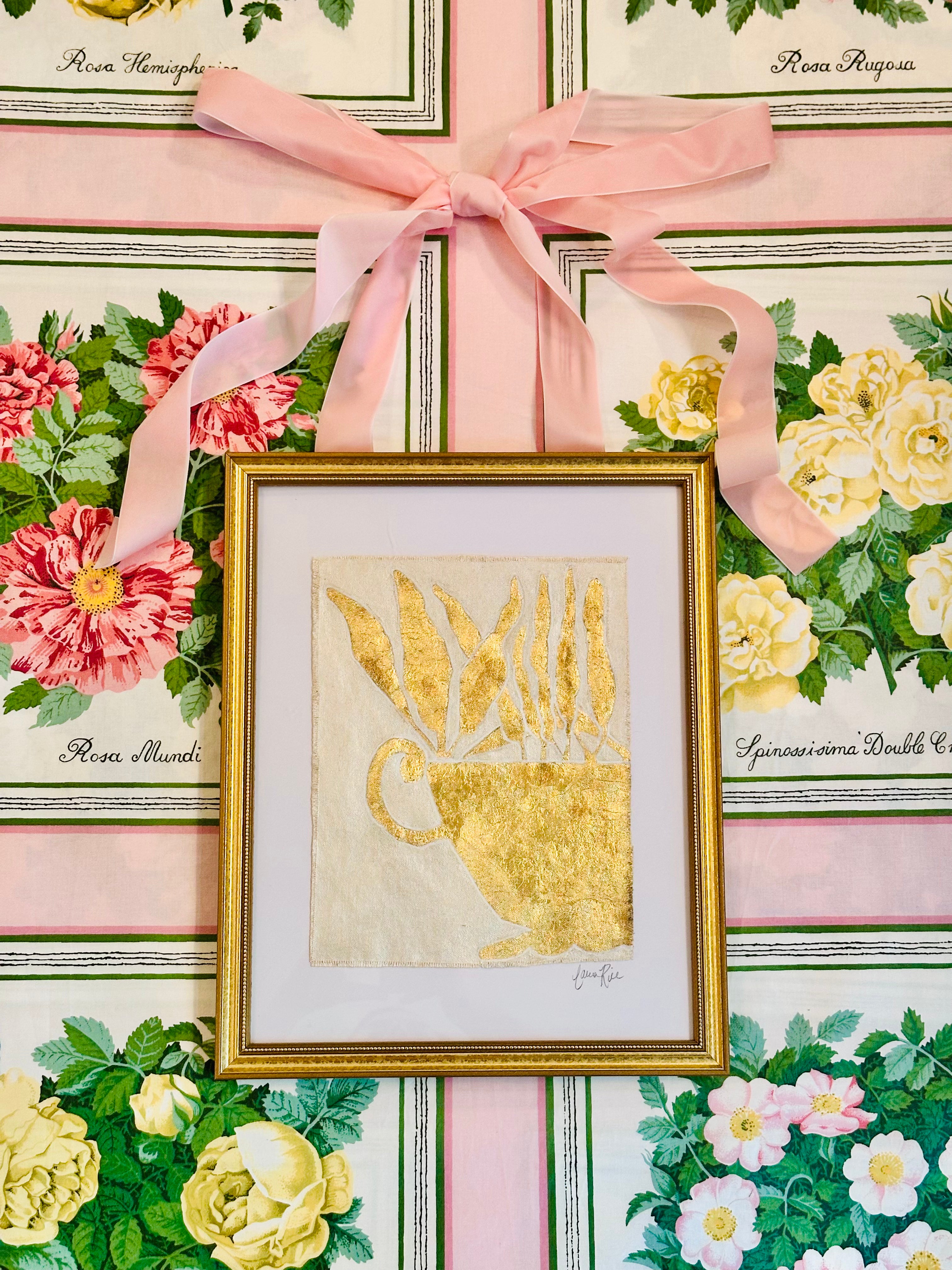 Gold Leaf Botanical on Linen by Laura Rice