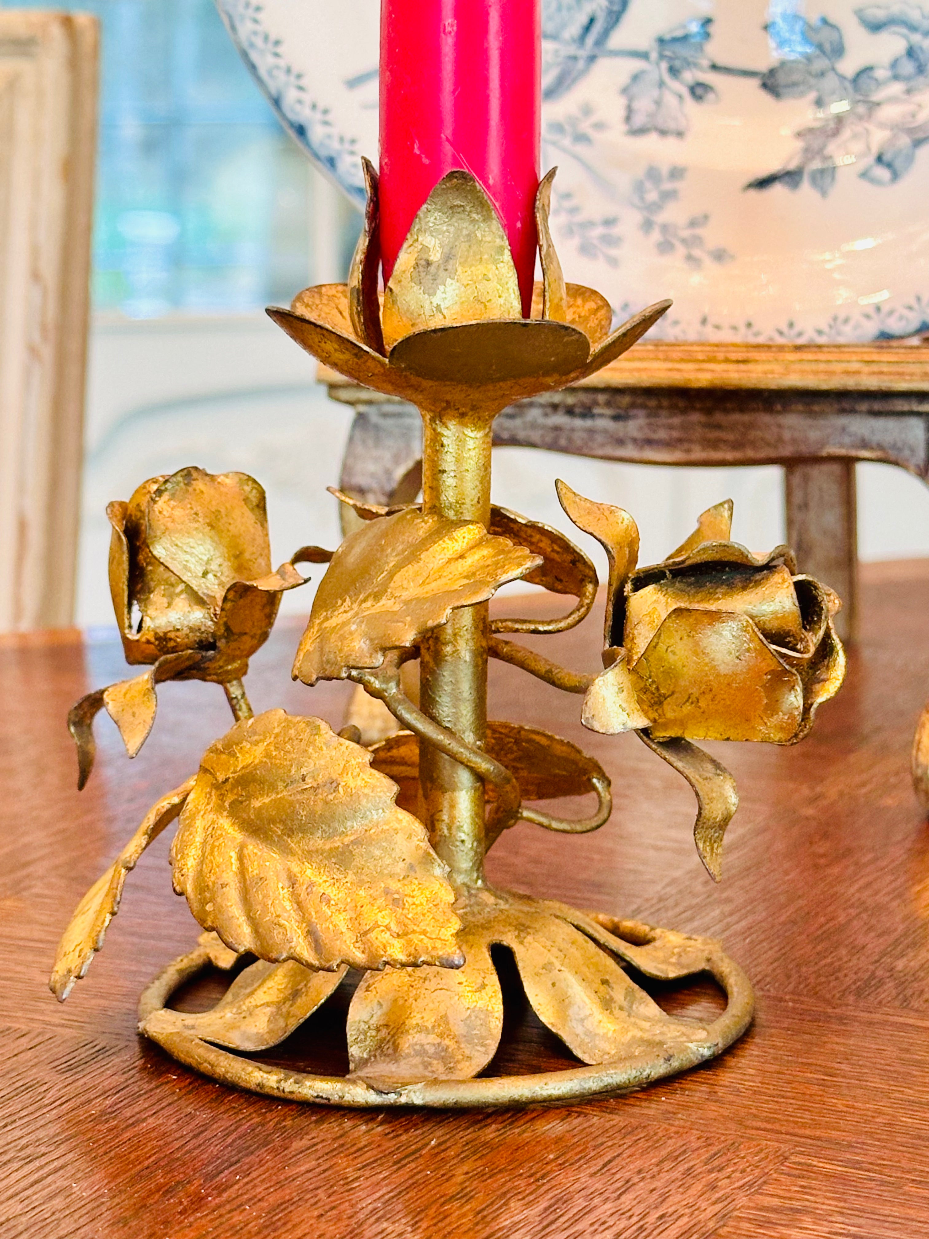 Exquisite Pair of Gilded Italian Tole Candleholders