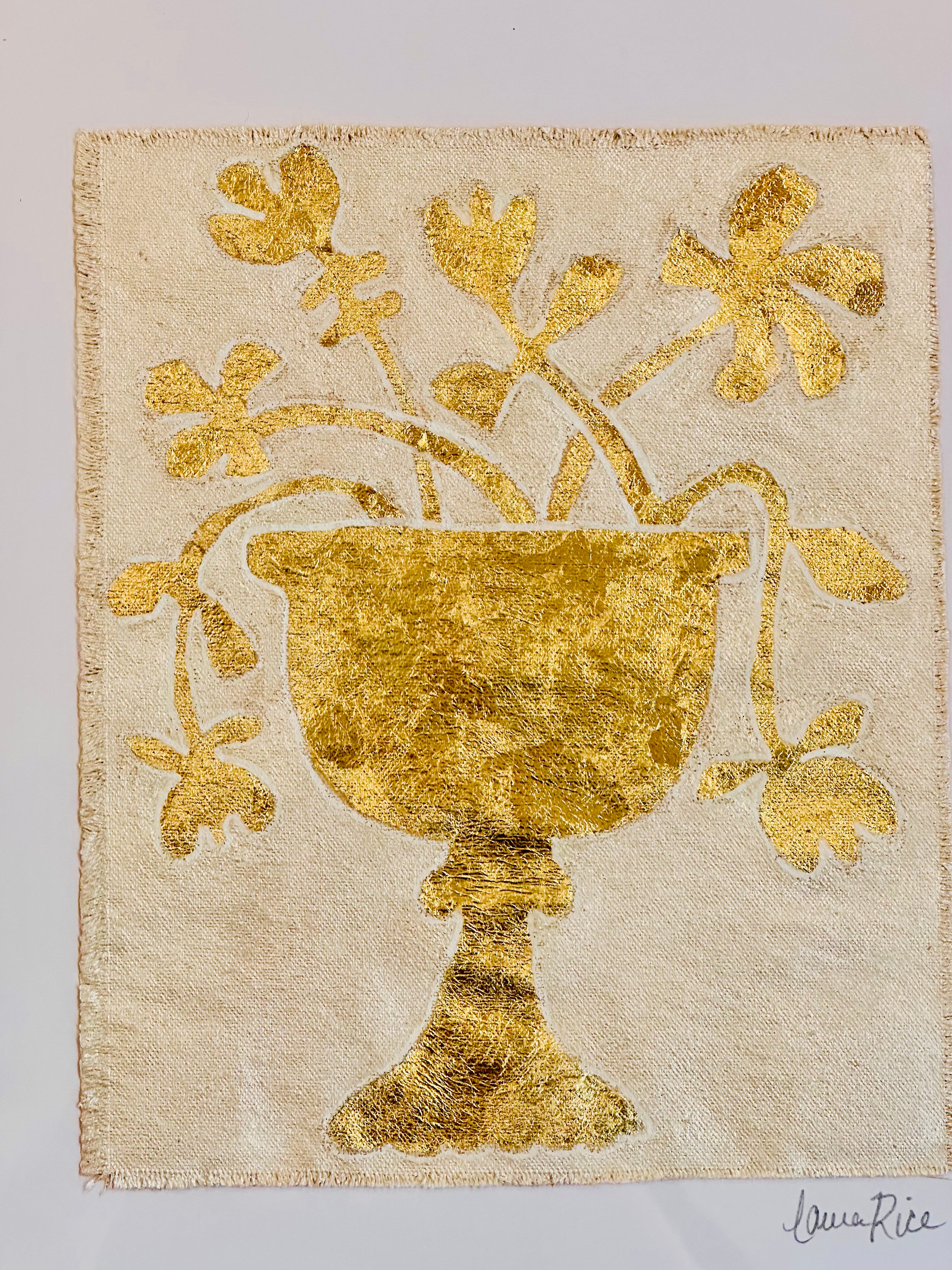 Gold Leaf Botanical on Linen by Laura Rice