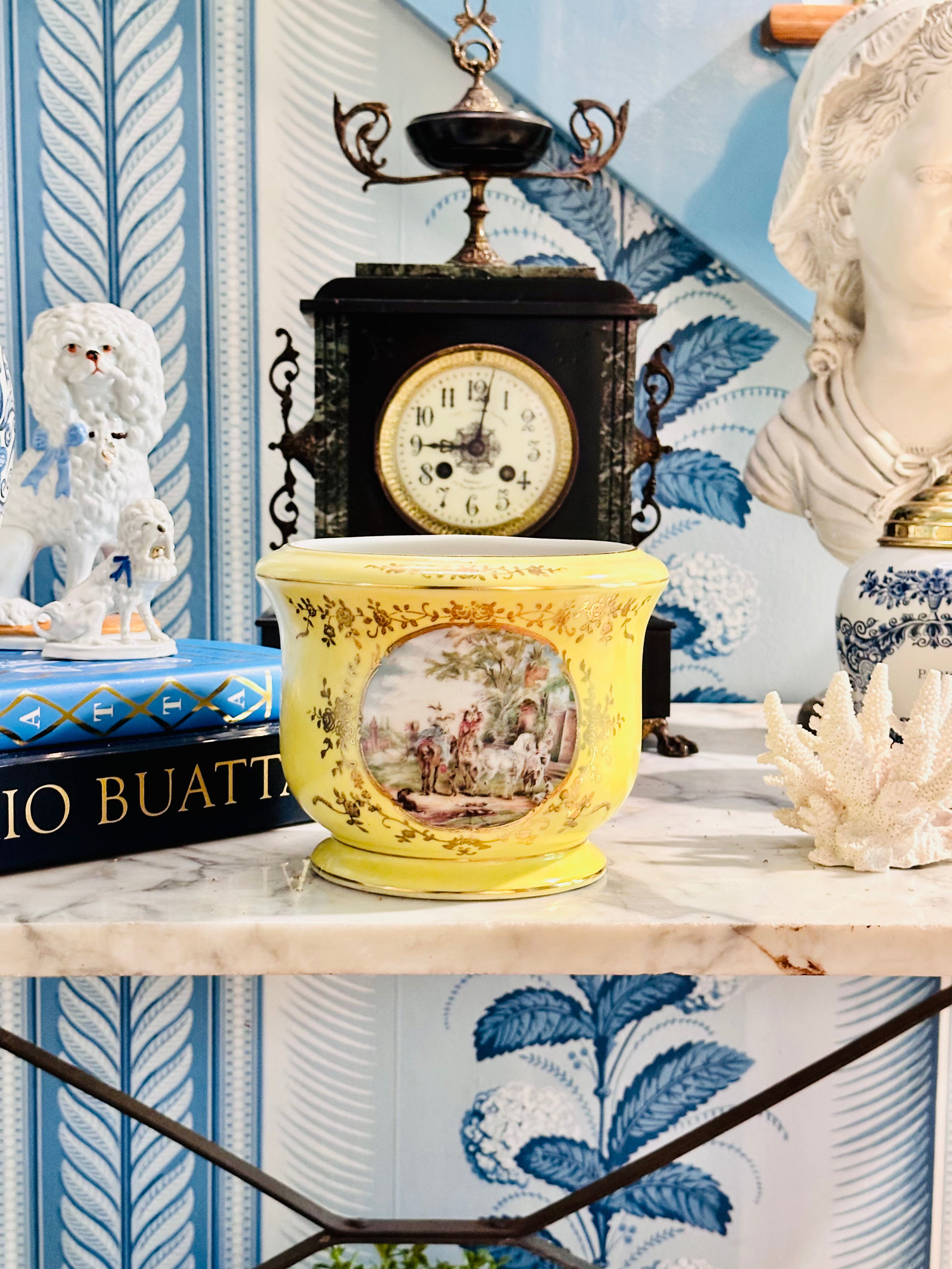 Striking Yellow Hand Painted Cachepot with Flower Frog