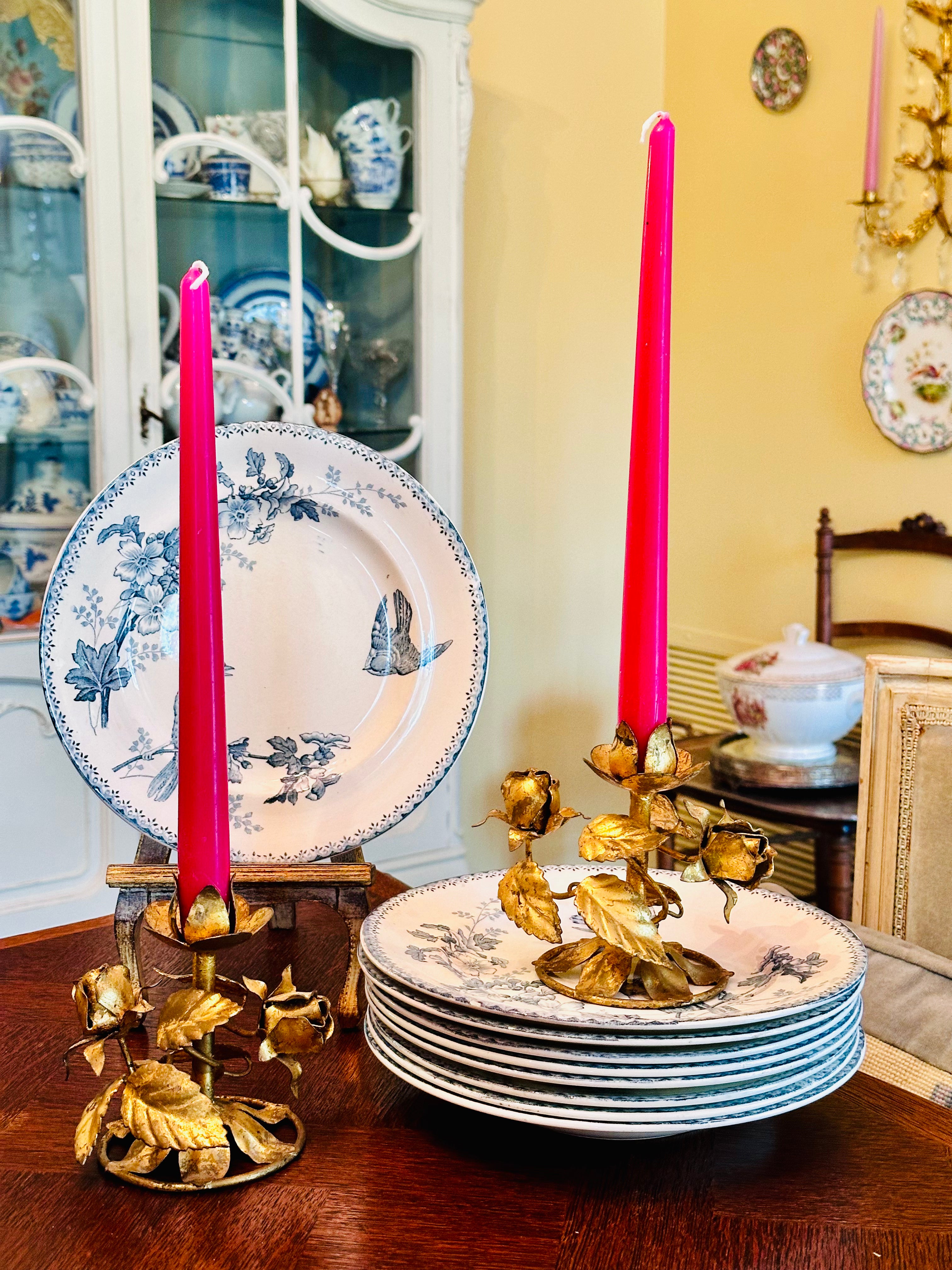 Exquisite Pair of Gilded Italian Tole Candleholders