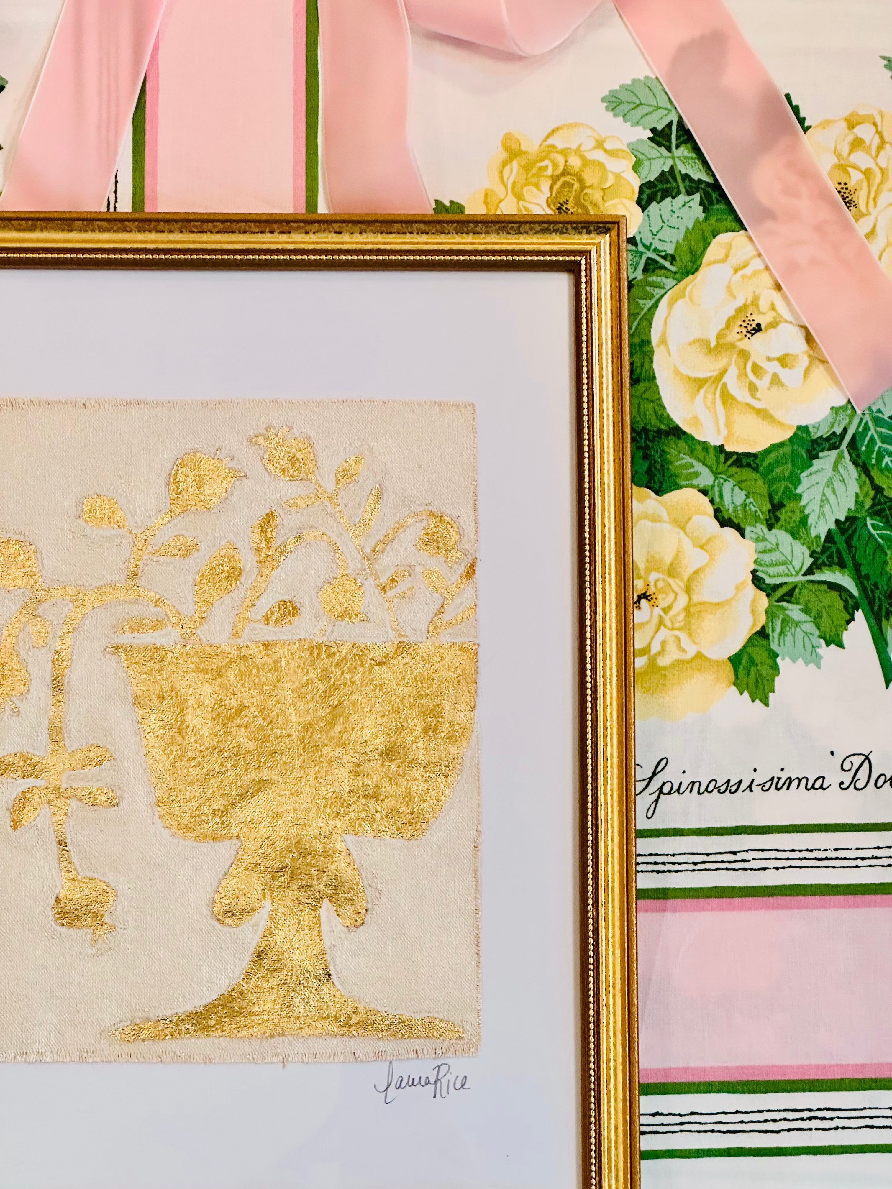 Gold Leaf Botanical on Linen by Laura Rice