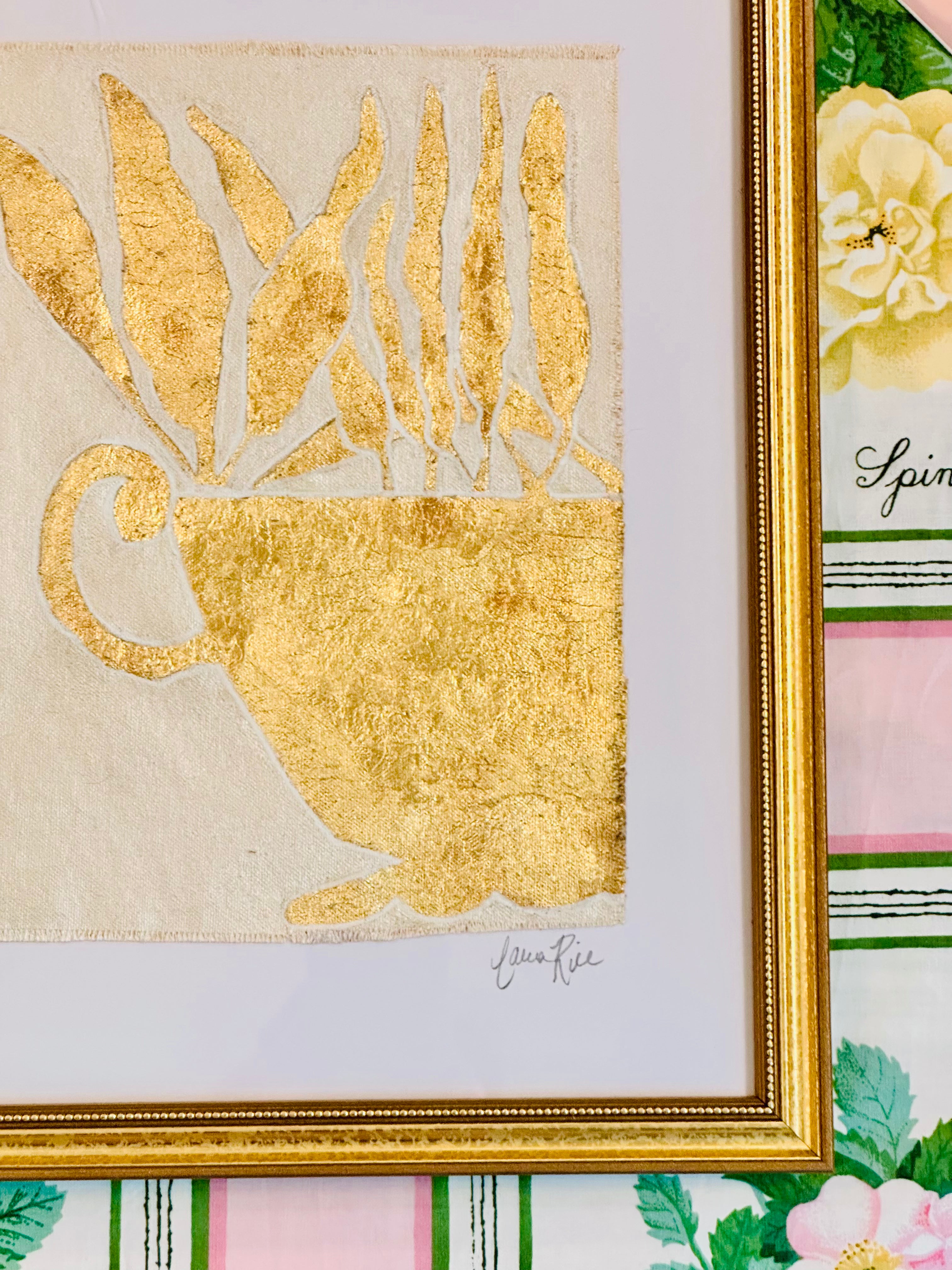 Gold Leaf Botanical on Linen by Laura Rice