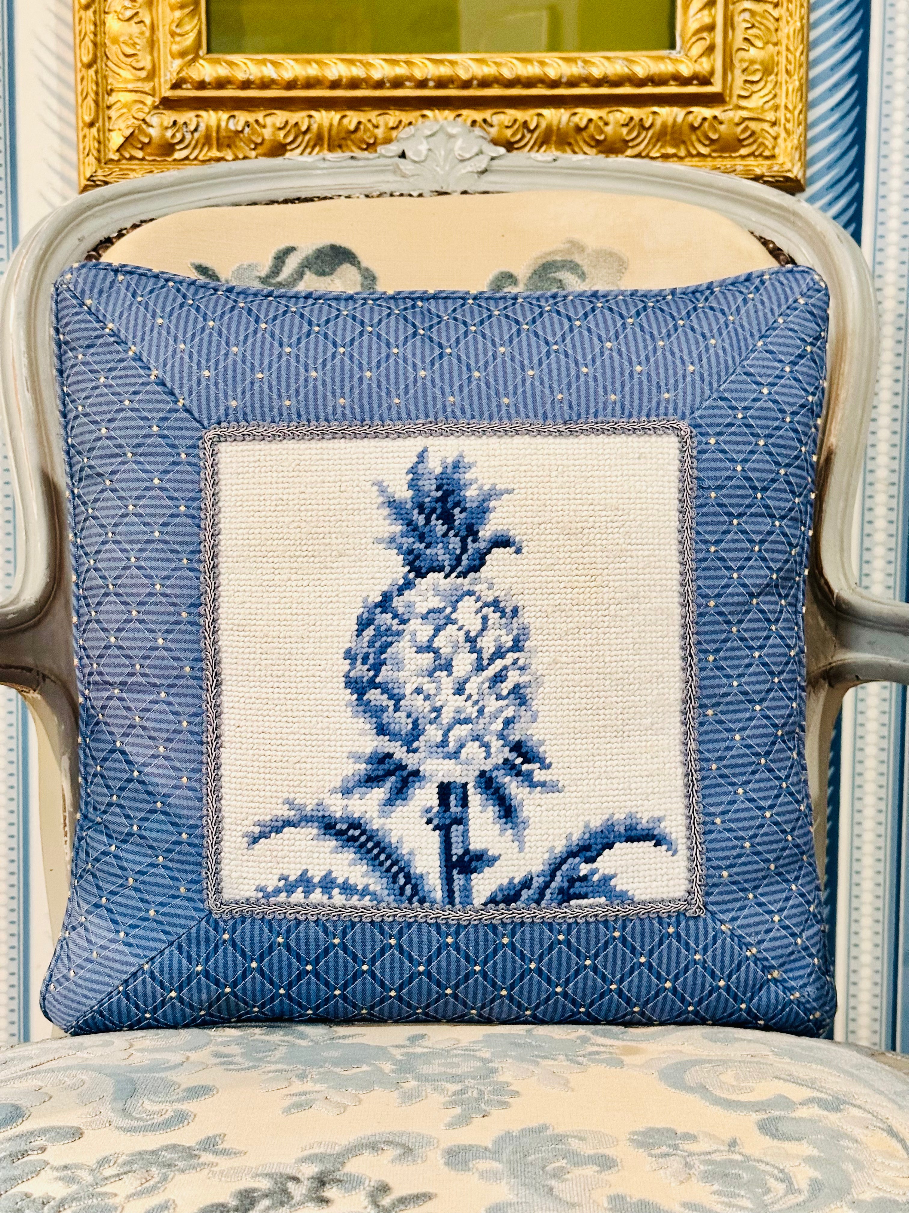 Blue Needlepoint Pineapple Pillow