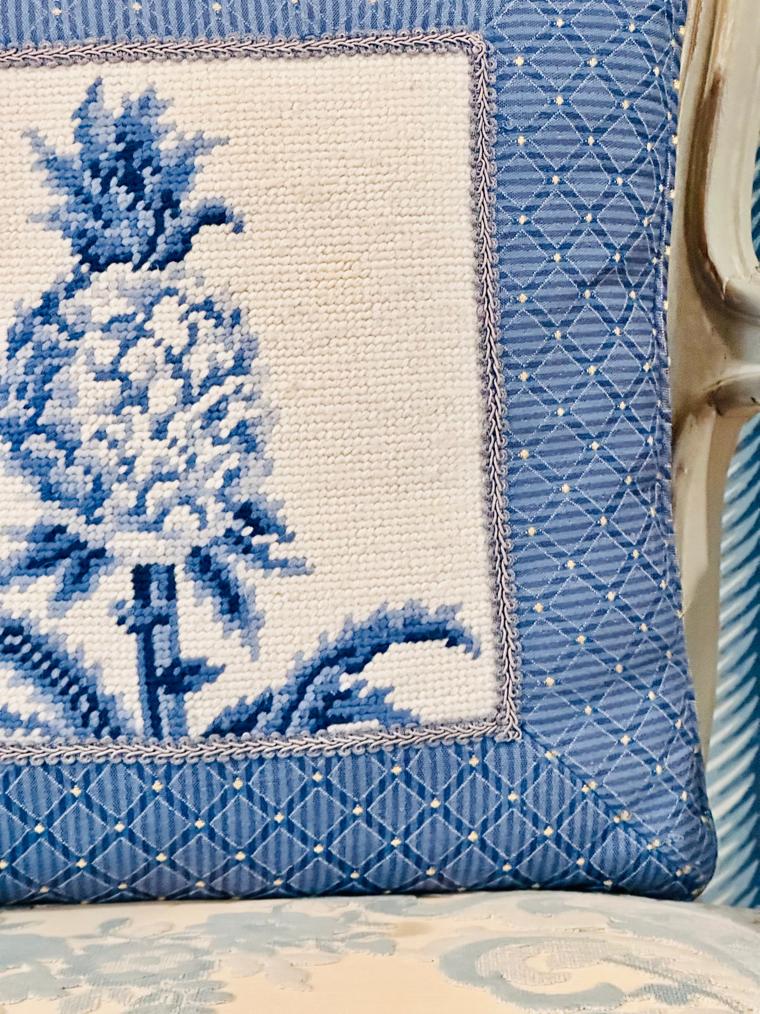 Blue Needlepoint Pineapple Pillow