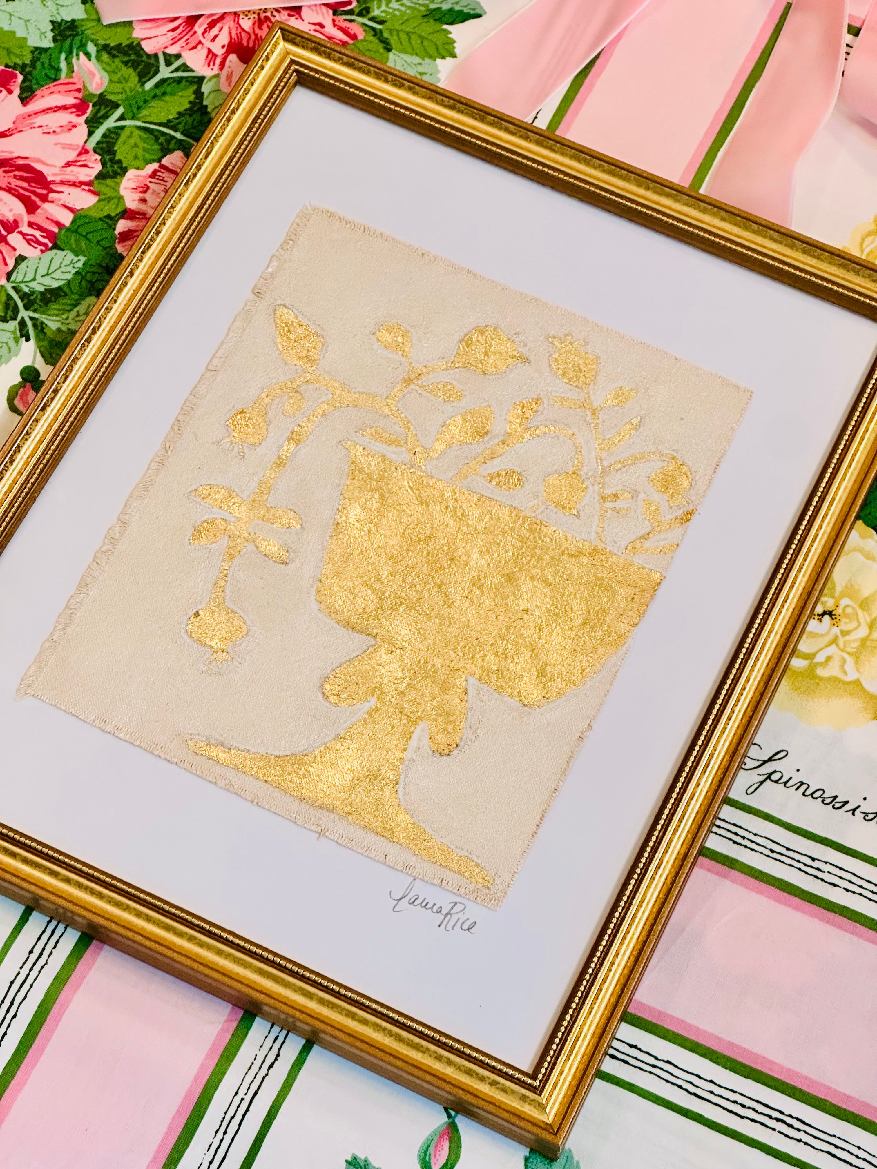 Gold Leaf Botanical on Linen by Laura Rice