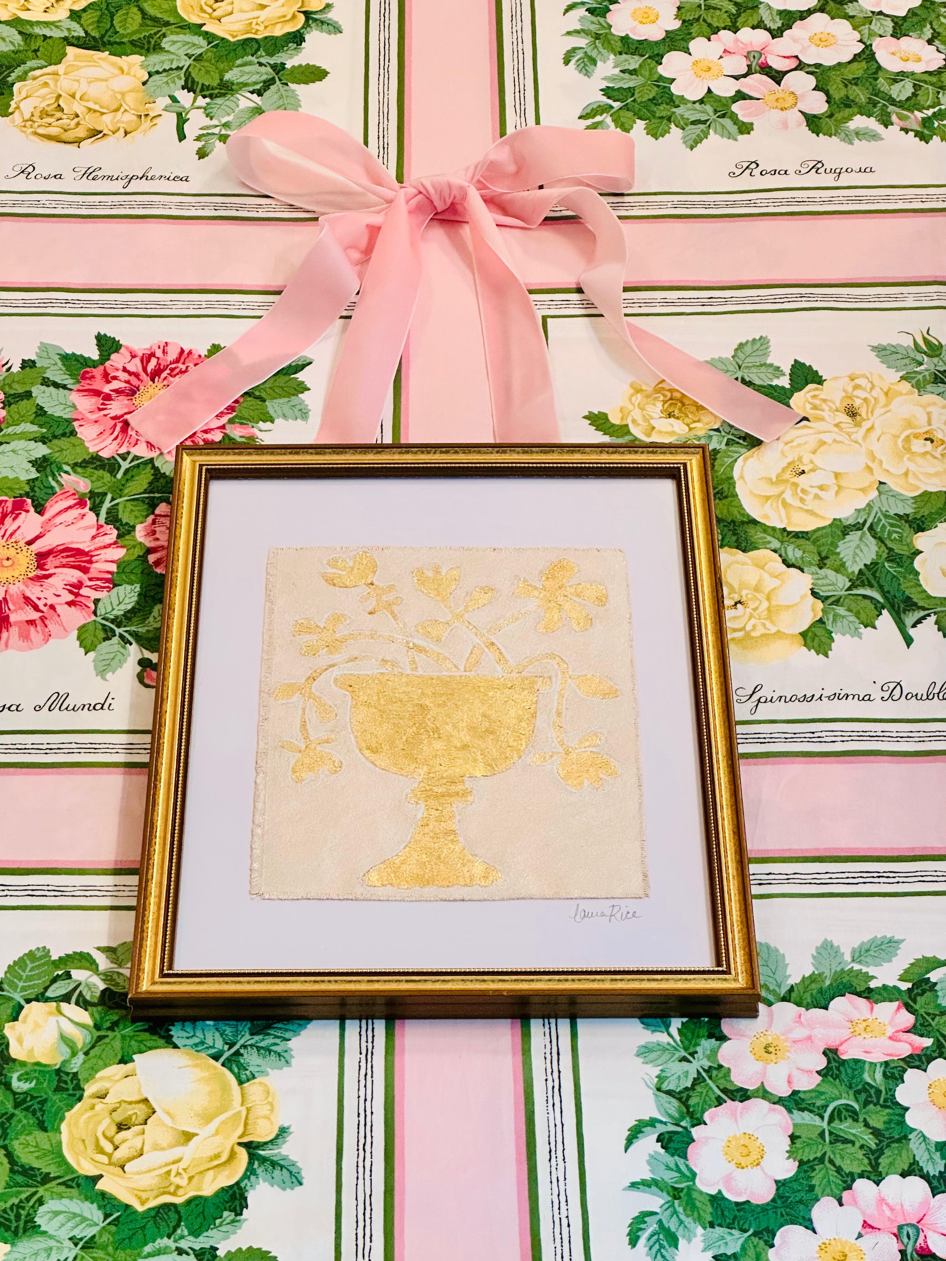Gold Leaf Botanical on Linen by Laura Rice