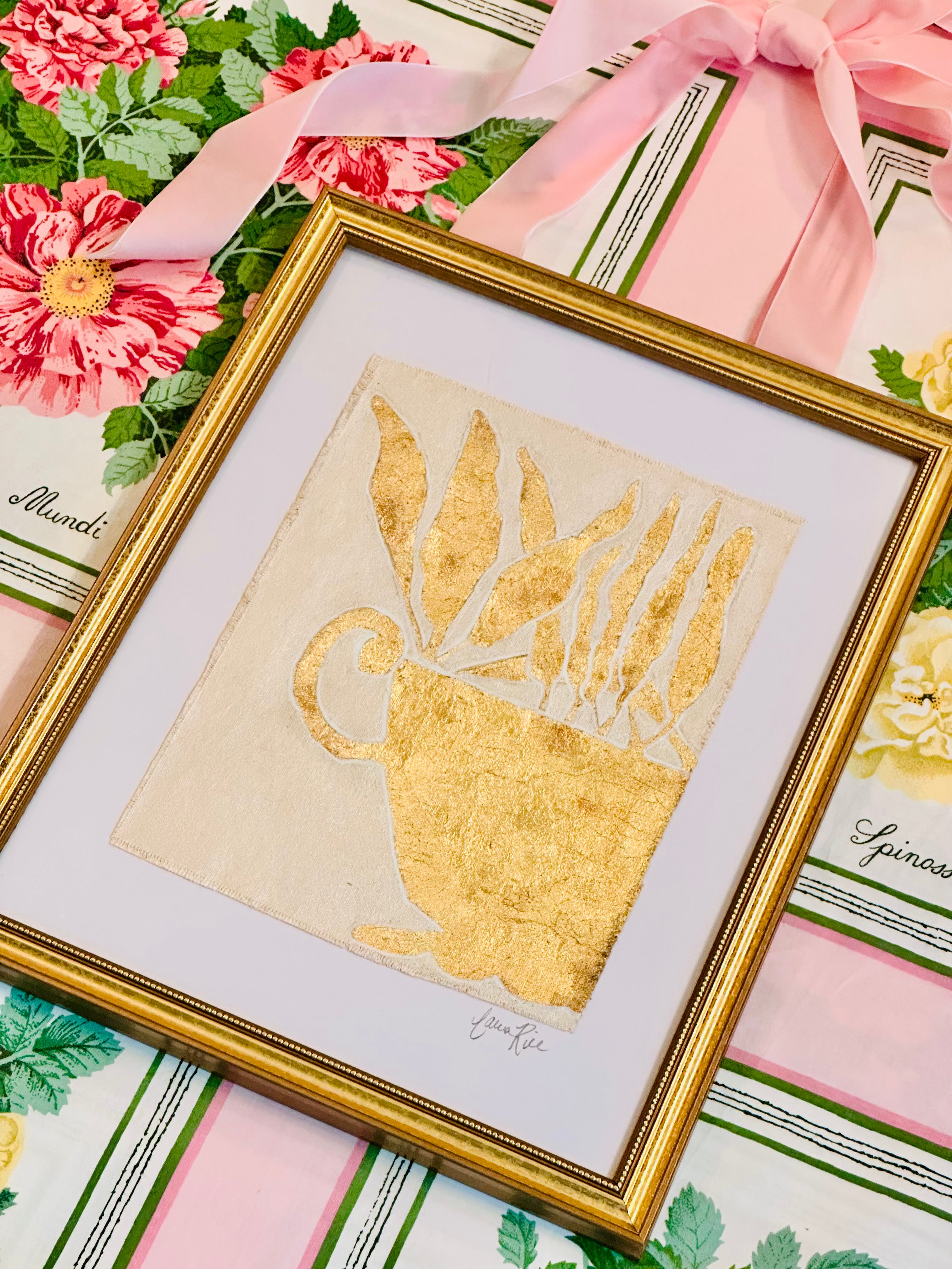 Gold Leaf Botanical on Linen by Laura Rice