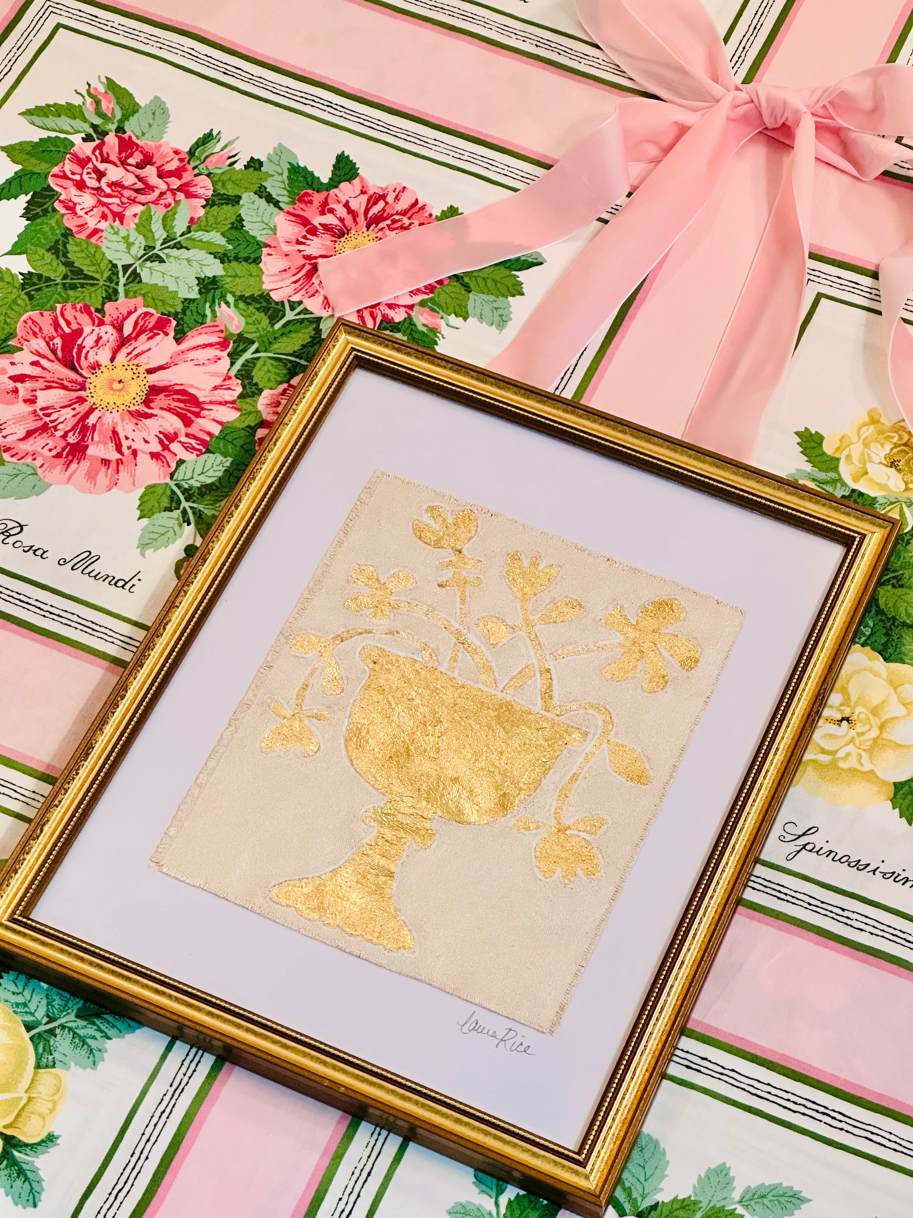Gold Leaf Botanical on Linen by Laura Rice