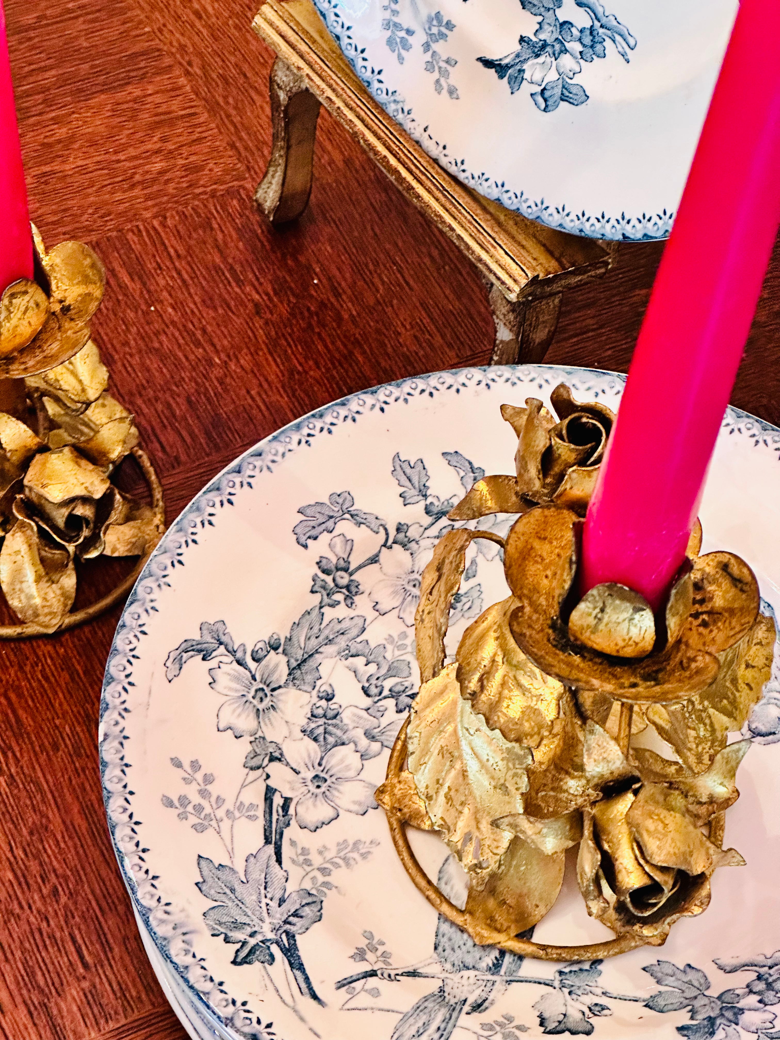 Exquisite Pair of Gilded Italian Tole Candleholders