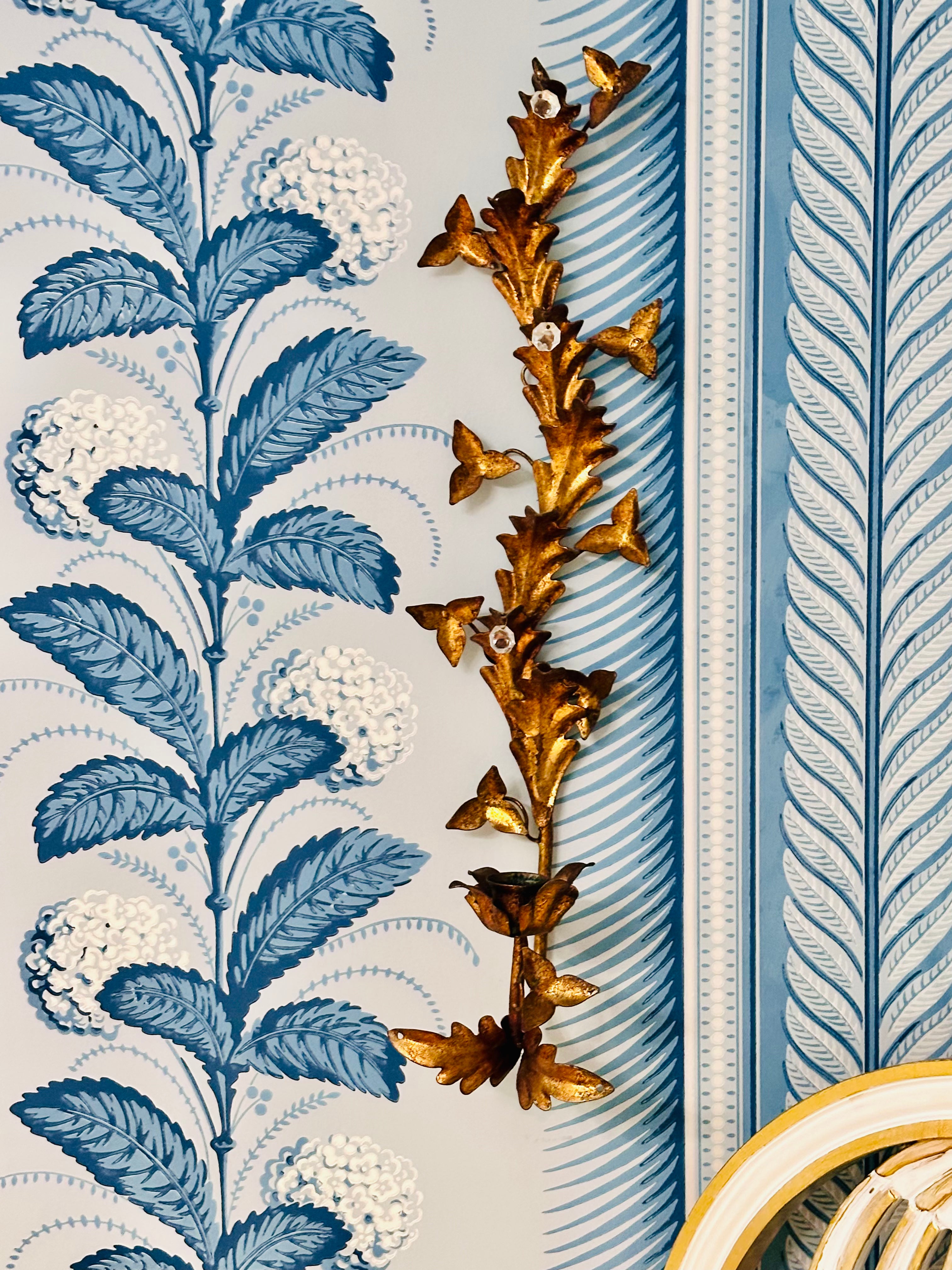 Vintage Gilded Italian Tole Candle Sconce with Crystals