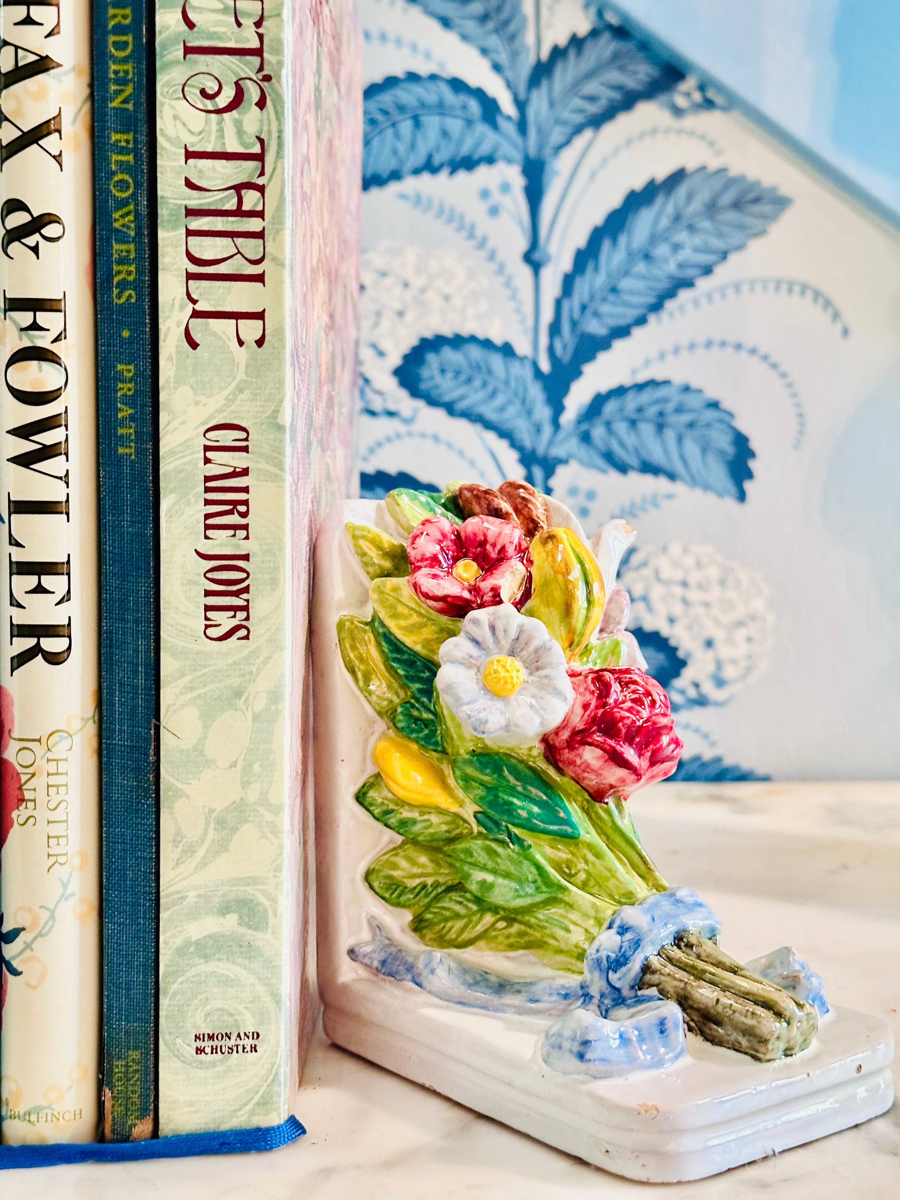 Italian Blue Bow & Floral Bookends