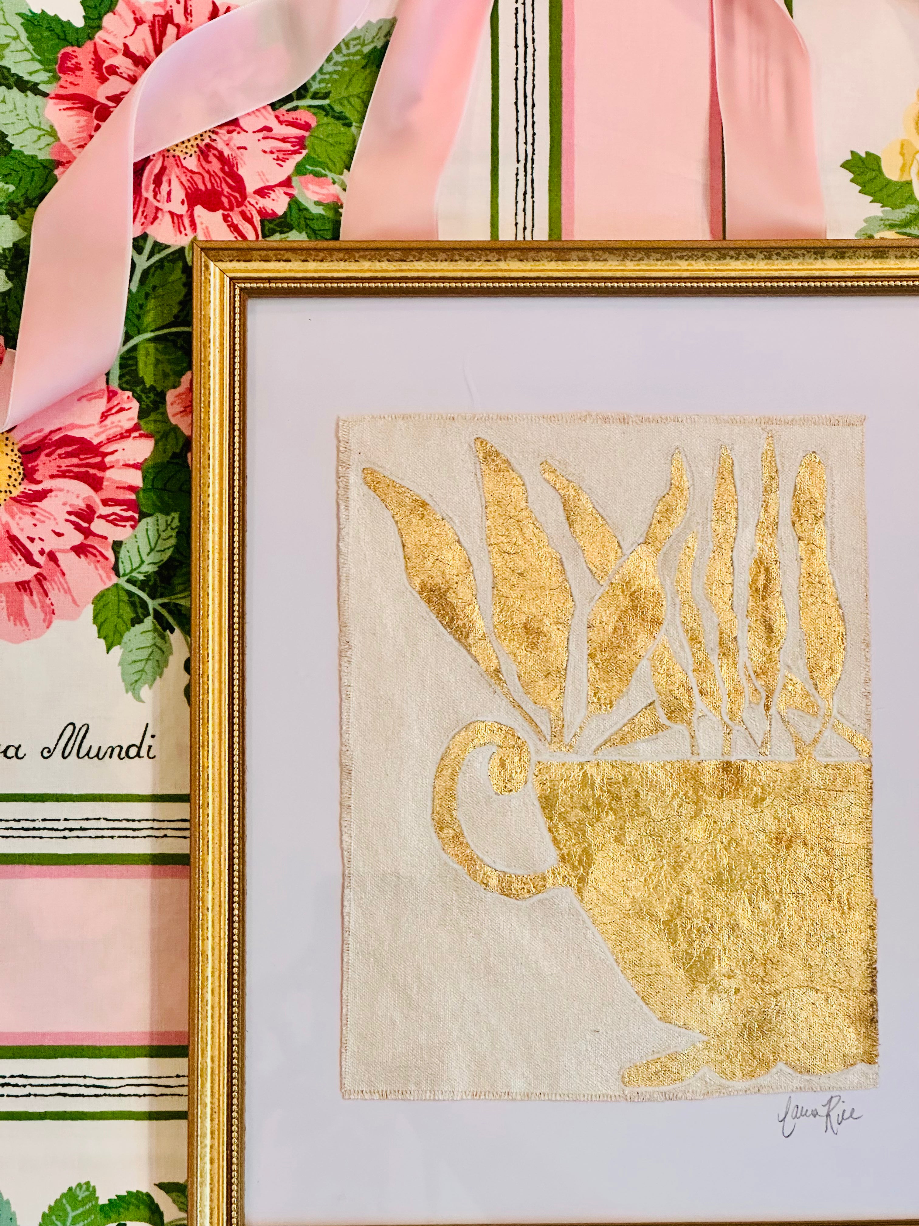 Gold Leaf Botanical on Linen by Laura Rice
