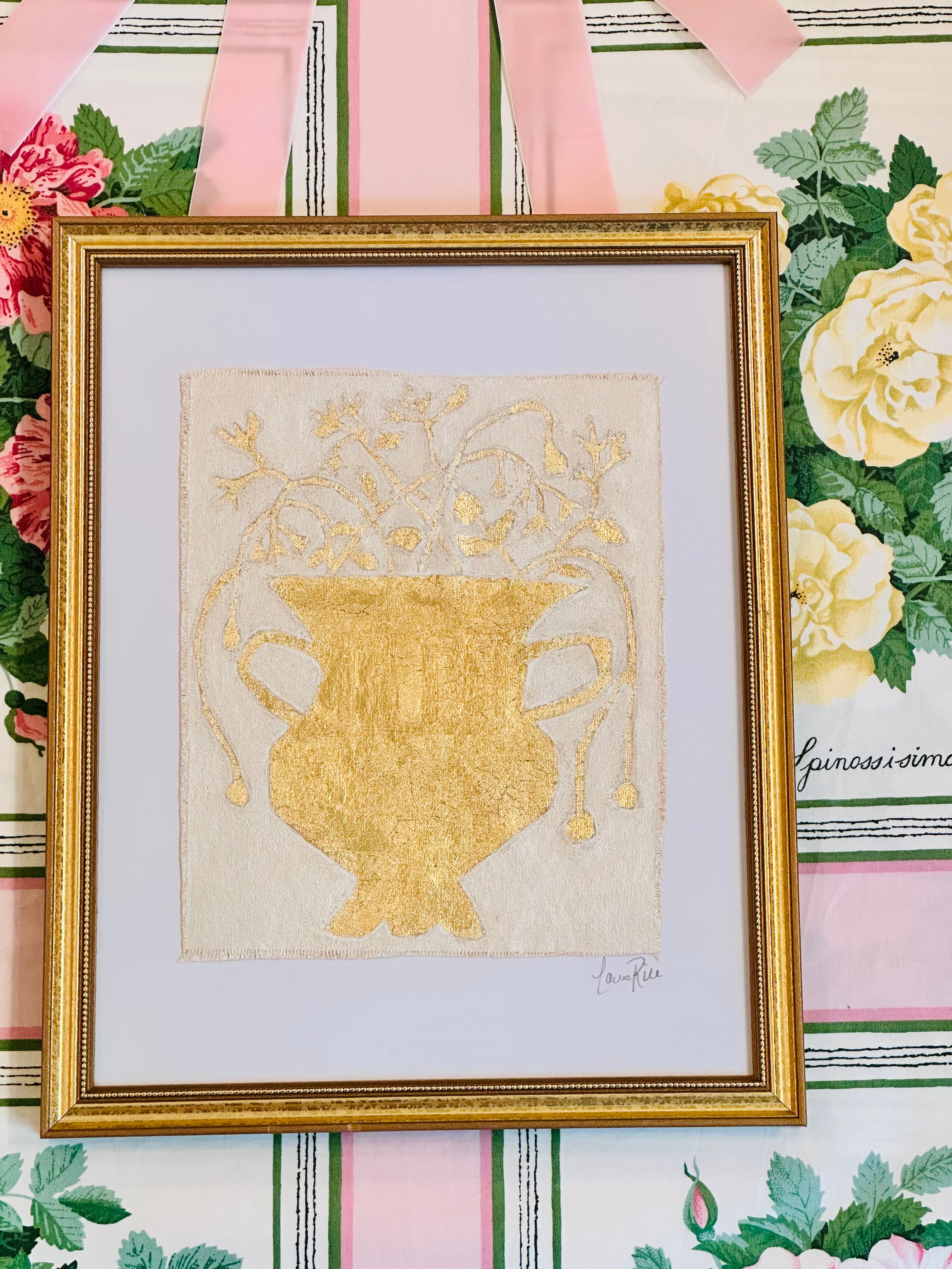 Gold Leaf Botanical on Linen by Laura Rice
