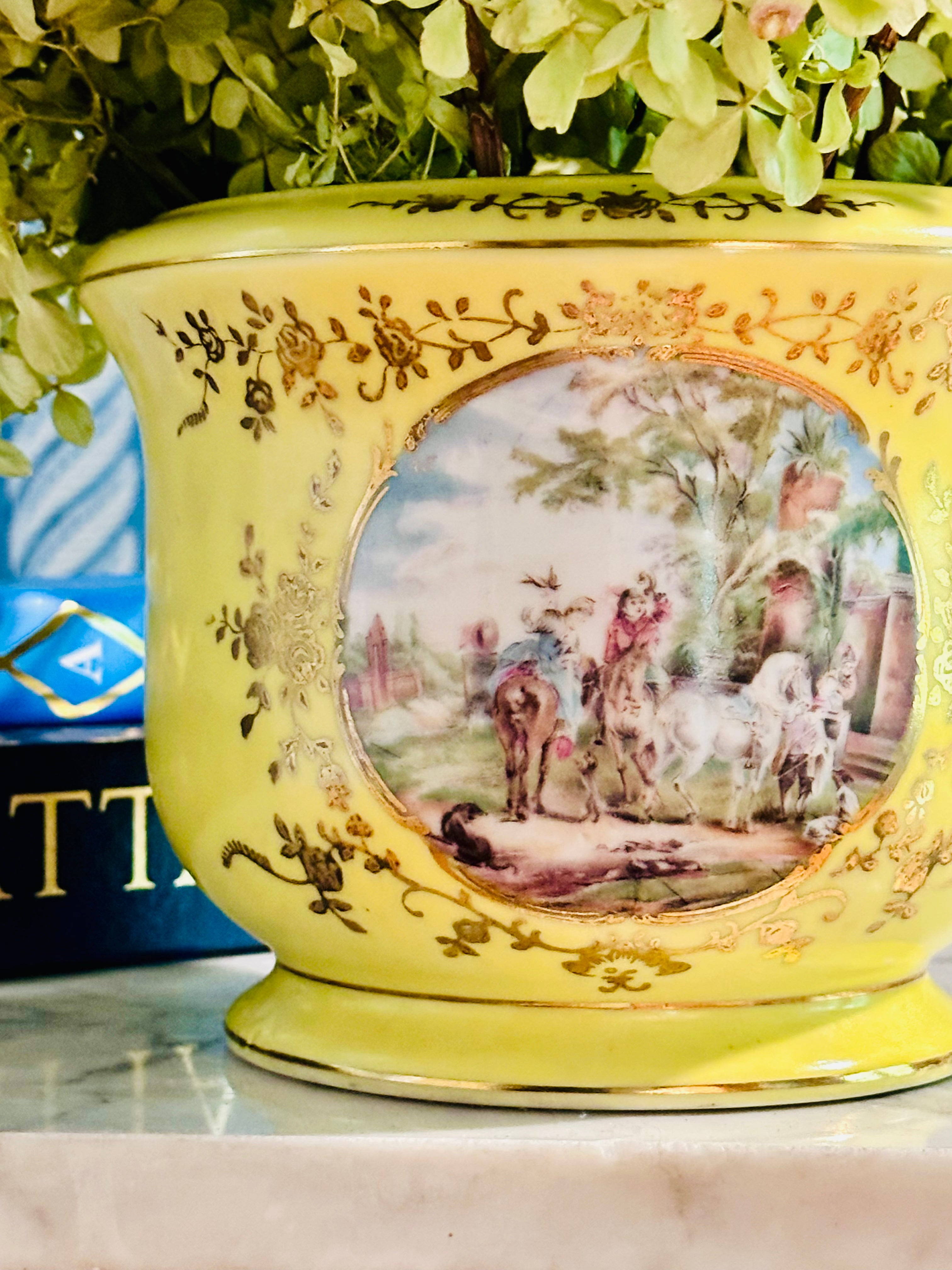 Striking Yellow Hand Painted Cachepot with Flower Frog