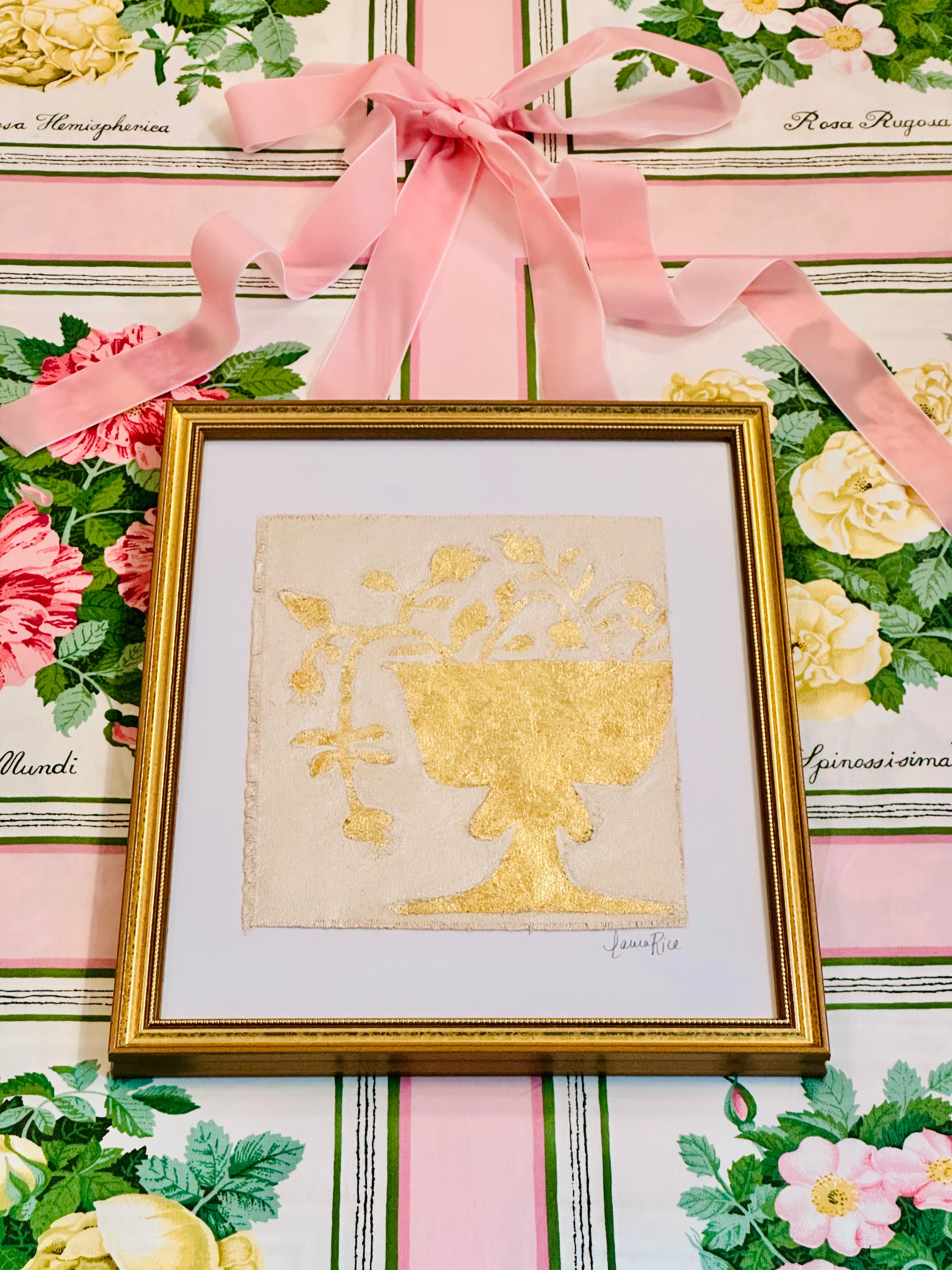 Gold Leaf Botanical on Linen by Laura Rice