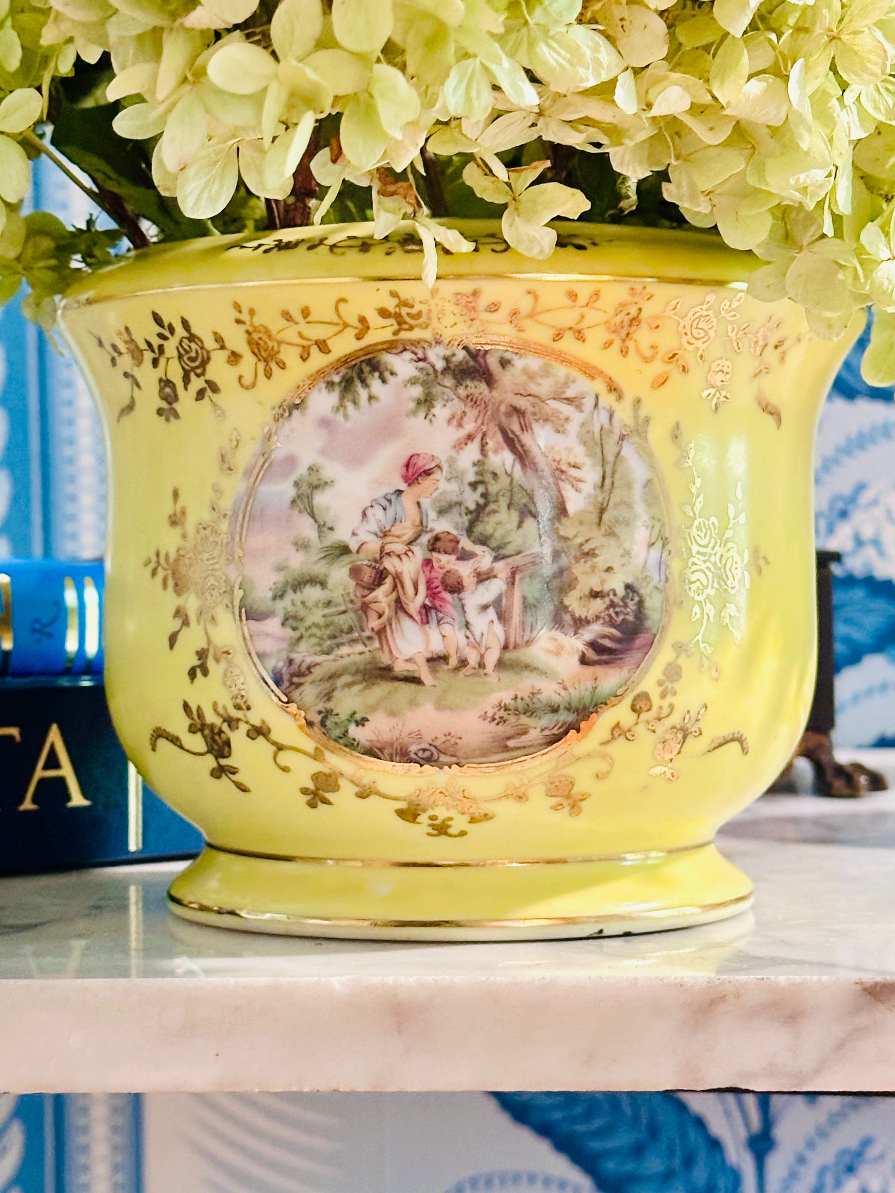 Striking Yellow Hand Painted Cachepot with Flower Frog
