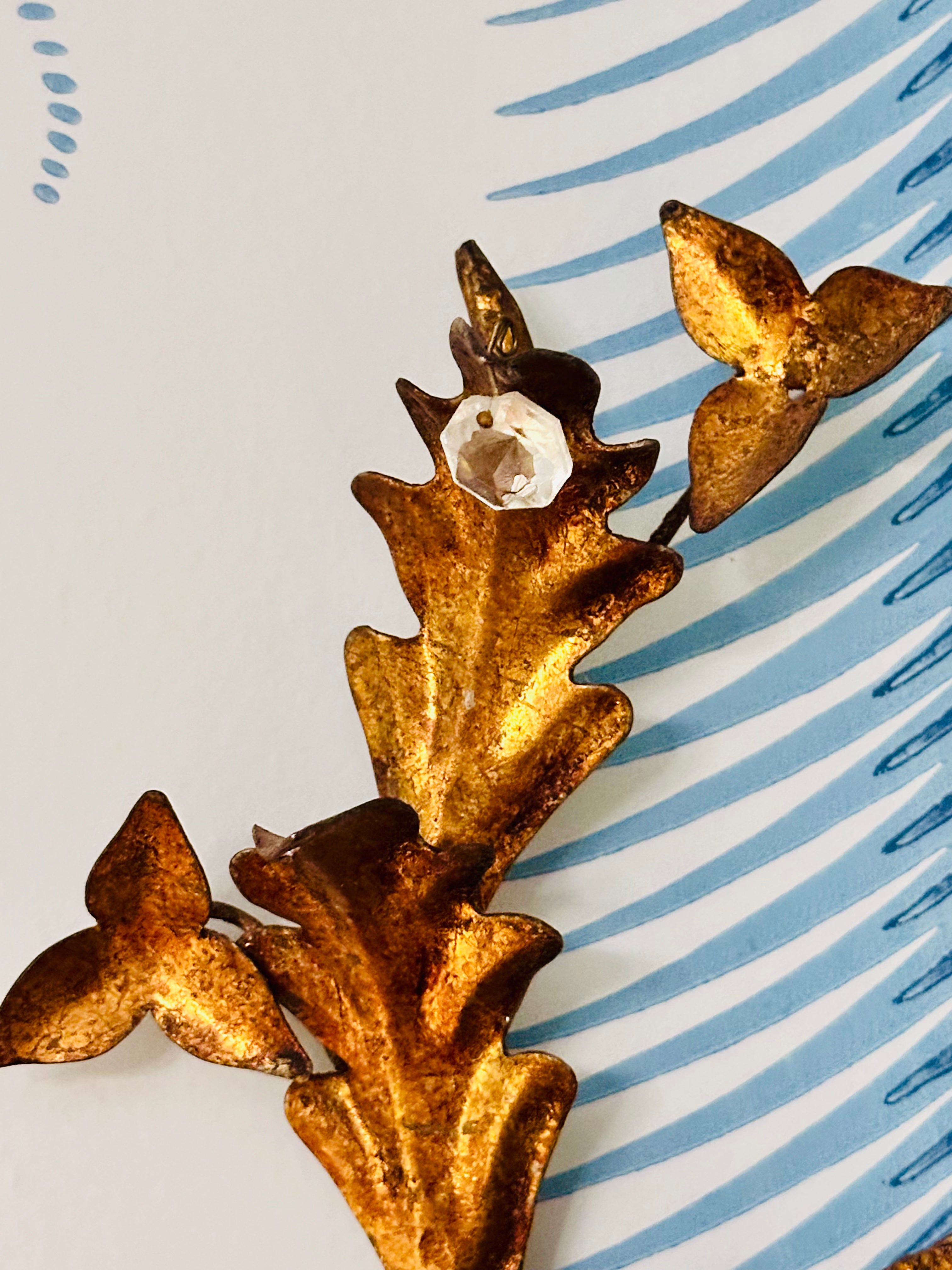 Vintage Gilded Italian Tole Candle Sconce with Crystals