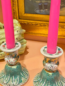 Rare & Fabulous Famille Verte Bok Choy Candlesticks