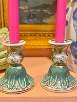 Load image into Gallery viewer, Rare &amp; Fabulous Famille Verte Bok Choy Candlesticks
